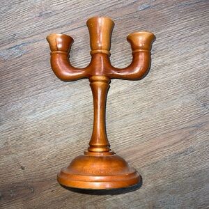 Vintage Copper-Tone Three-Arm Candle Holder Candelabra handmade wood